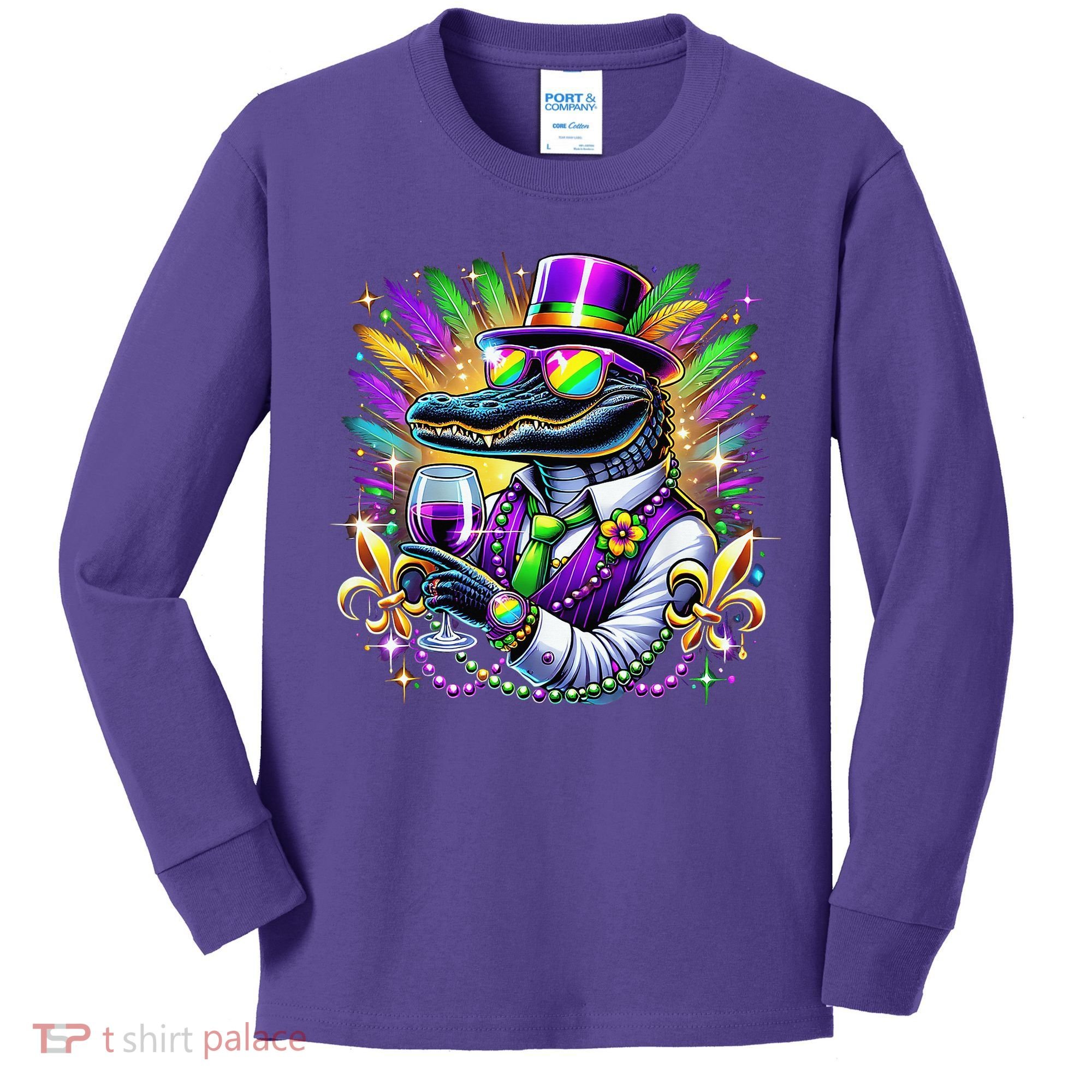Alligator Mardi Gras Carnival Party Outfit Kids Long Sleeve Shirt