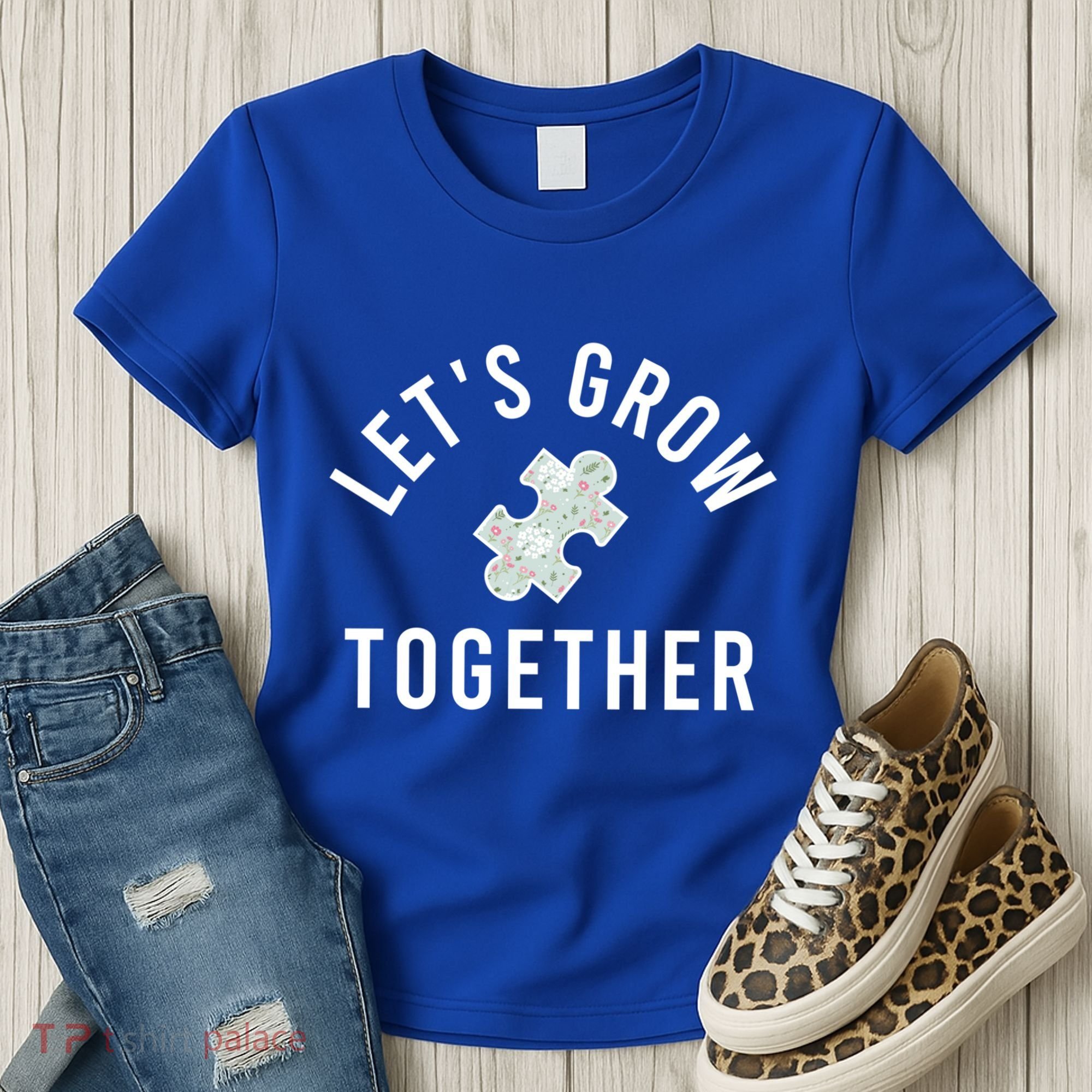 Autism Mom Let's Grow Together Puzzle Piece Autism Awareness Cool Gift Women's T-Shirt