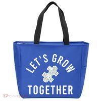 Autism Mom Let's Grow Together Puzzle Piece Autism Awareness Cool Gift Tote Bag thumb 0