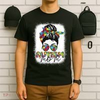 Autism Mom Life Messy Bun Bleached Mothers Day Autism Mom T-Shirt thumb 6