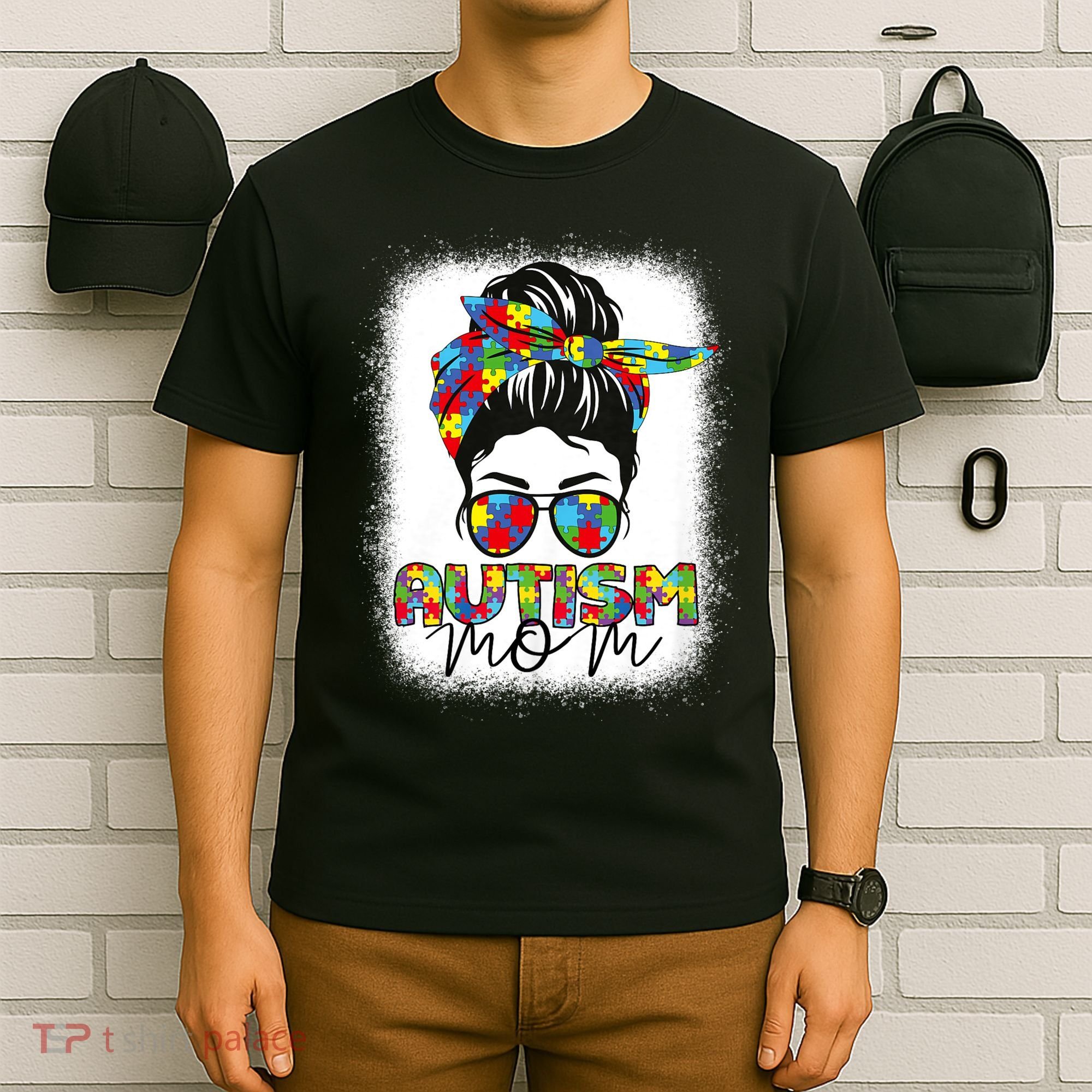 Autism Mom Life Messy Bun Bleached Mothers Day Autism Mom T-Shirt