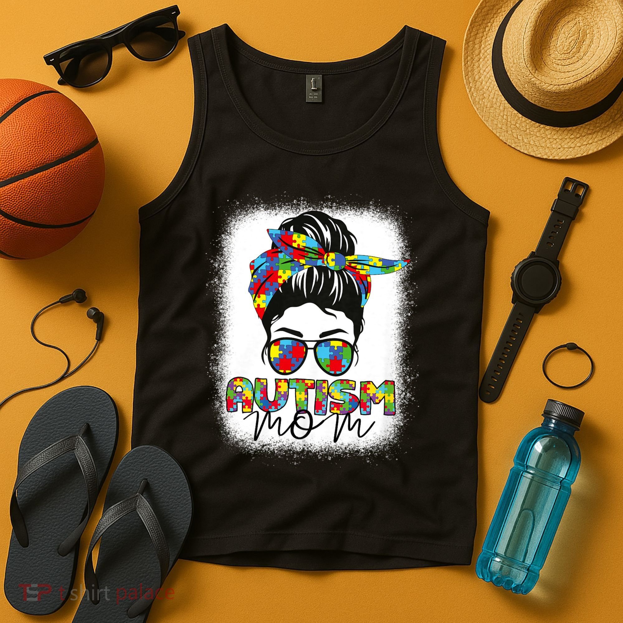 Autism Mom Life Messy Bun Bleached Mothers Day Autism Mom Tank Top