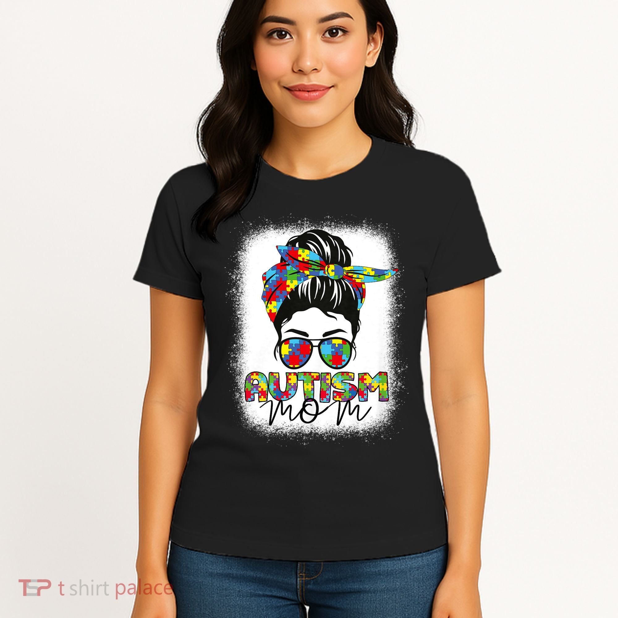 Autism Mom Life Messy Bun Bleached Mothers Day Autism Mom Women's T-Shirt