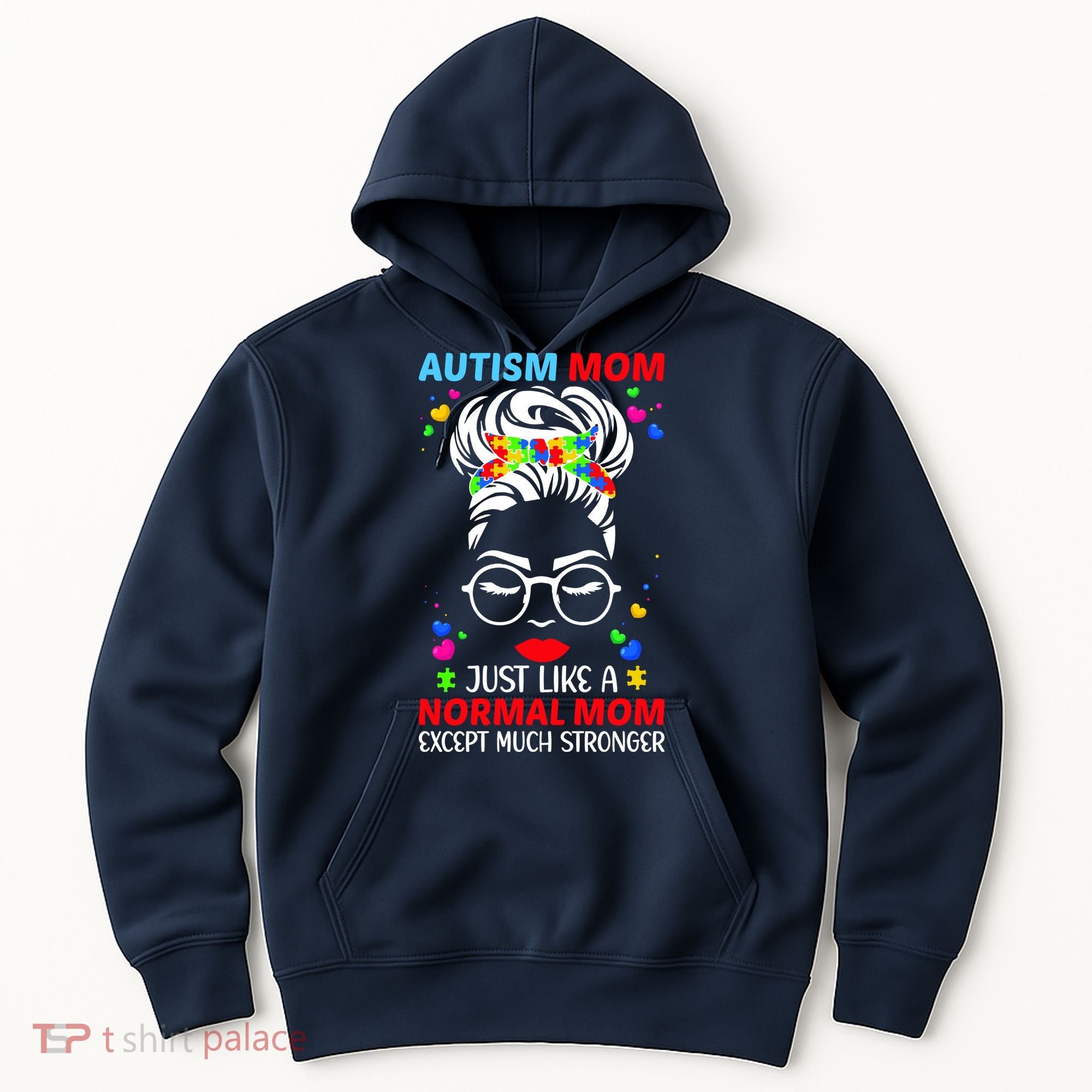 Autism Mom Much Stronger Awareness Messy Bun Puzzle Hoodie