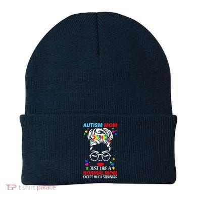 Autism Mom Much Stronger Awareness Messy Bun Puzzle Beanie