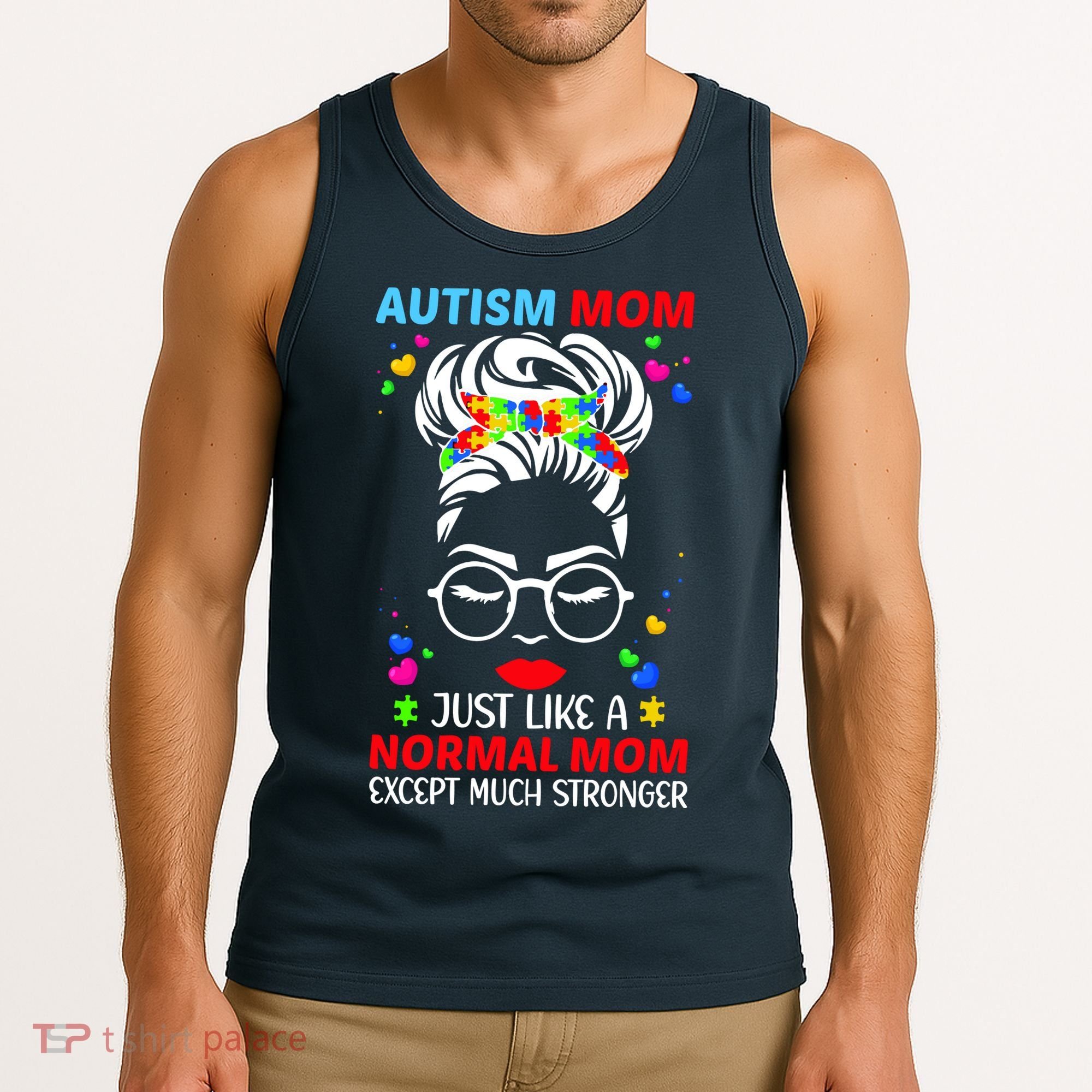 Autism Mom Much Stronger Awareness Messy Bun Puzzle Tank Top