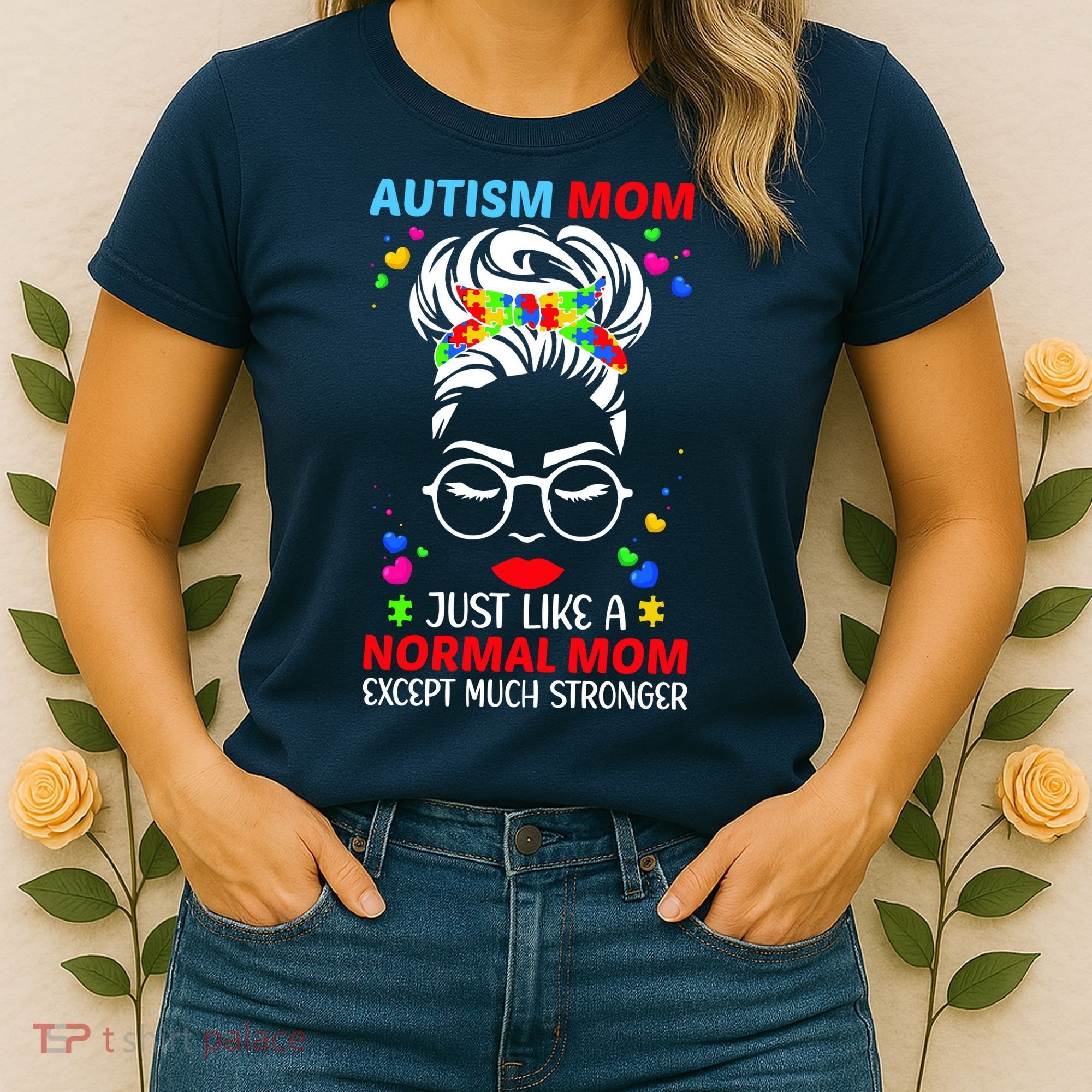 Autism Mom Much Stronger Awareness Messy Bun Puzzle Women's T-Shirt