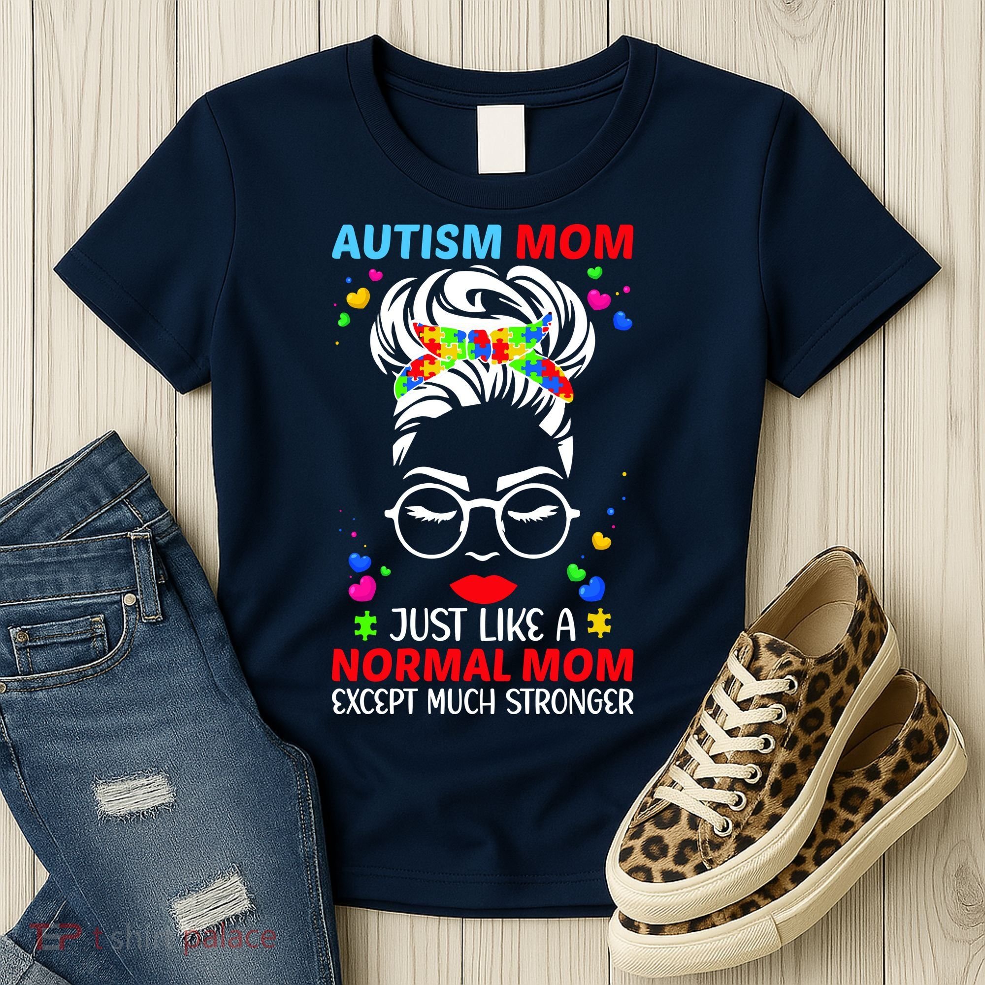 Autism Mom Much Stronger Awareness Messy Bun Puzzle Women's T-Shirt