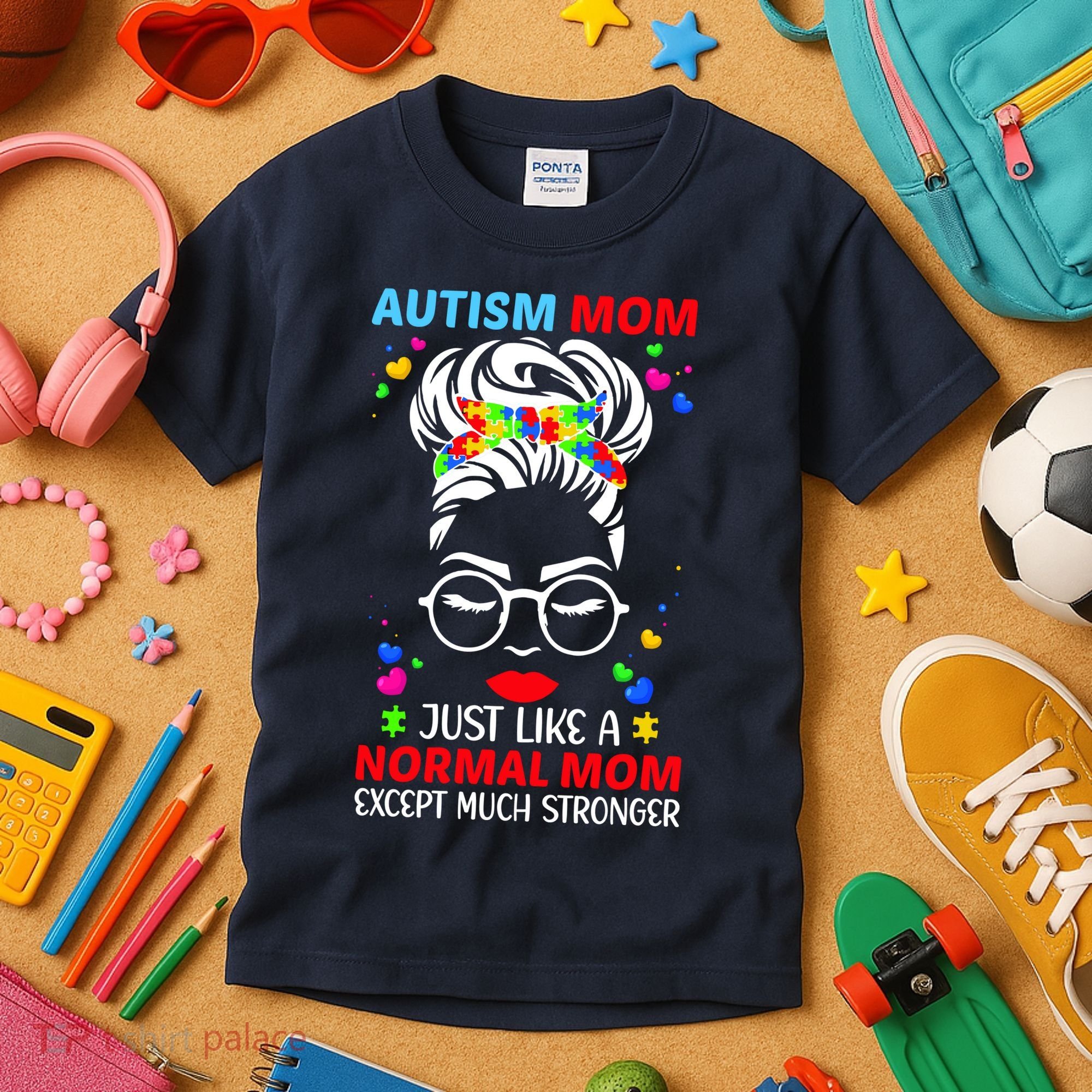 Autism Mom Much Stronger Awareness Messy Bun Puzzle Kids T-Shirt