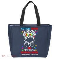 Autism Mom Much Stronger Awareness Messy Bun Puzzle Tote Bag thumb 0