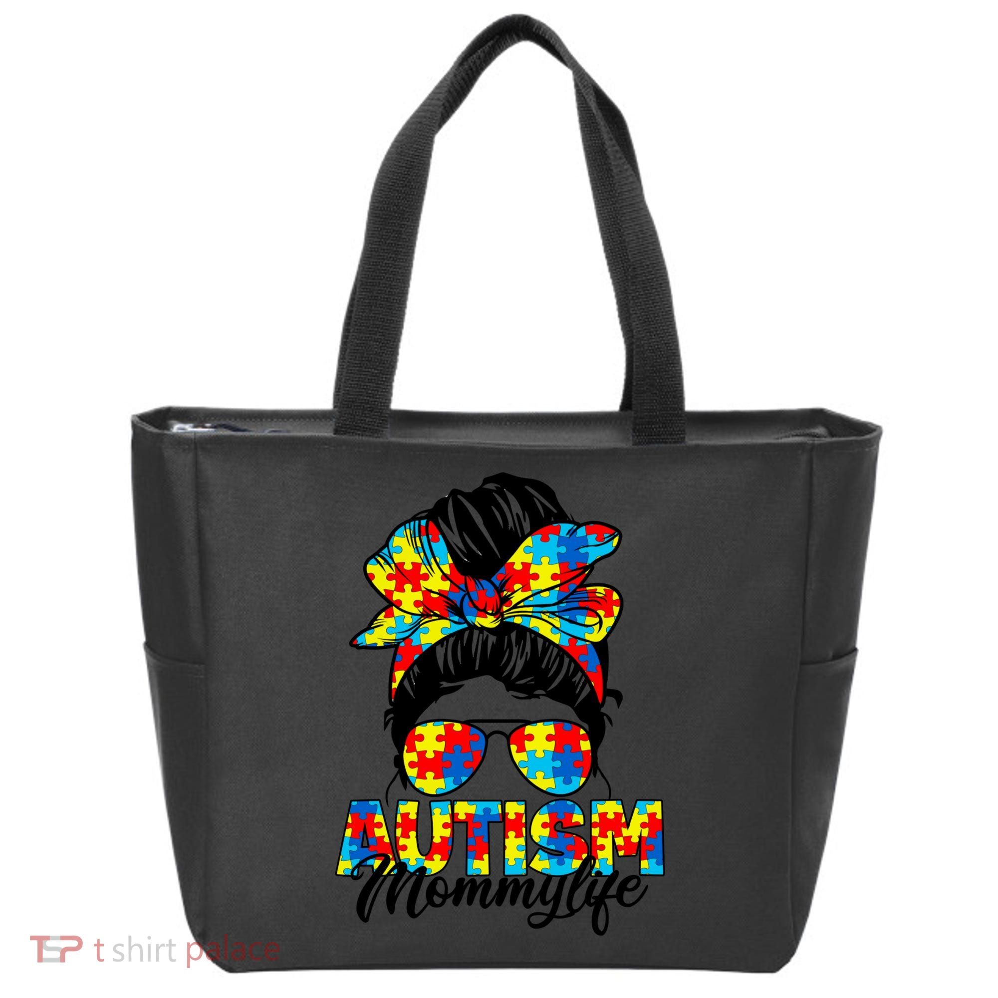 Autism Mommy Messy Bun Sunglasses Bandana Autism Awareness Tote Bag