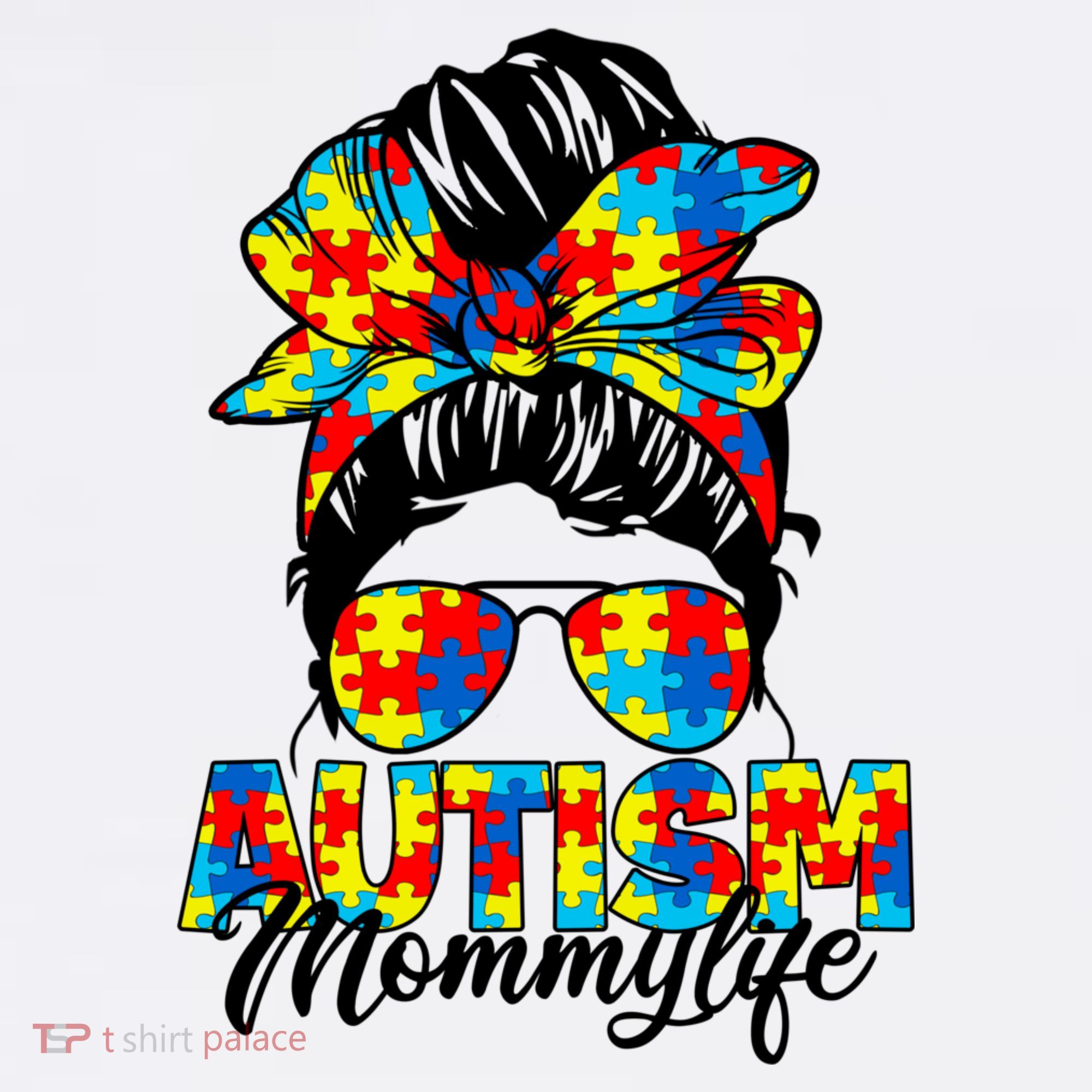 Autism Mommy Messy Bun Sunglasses Bandana Autism Awareness Long Sleeve Shirt