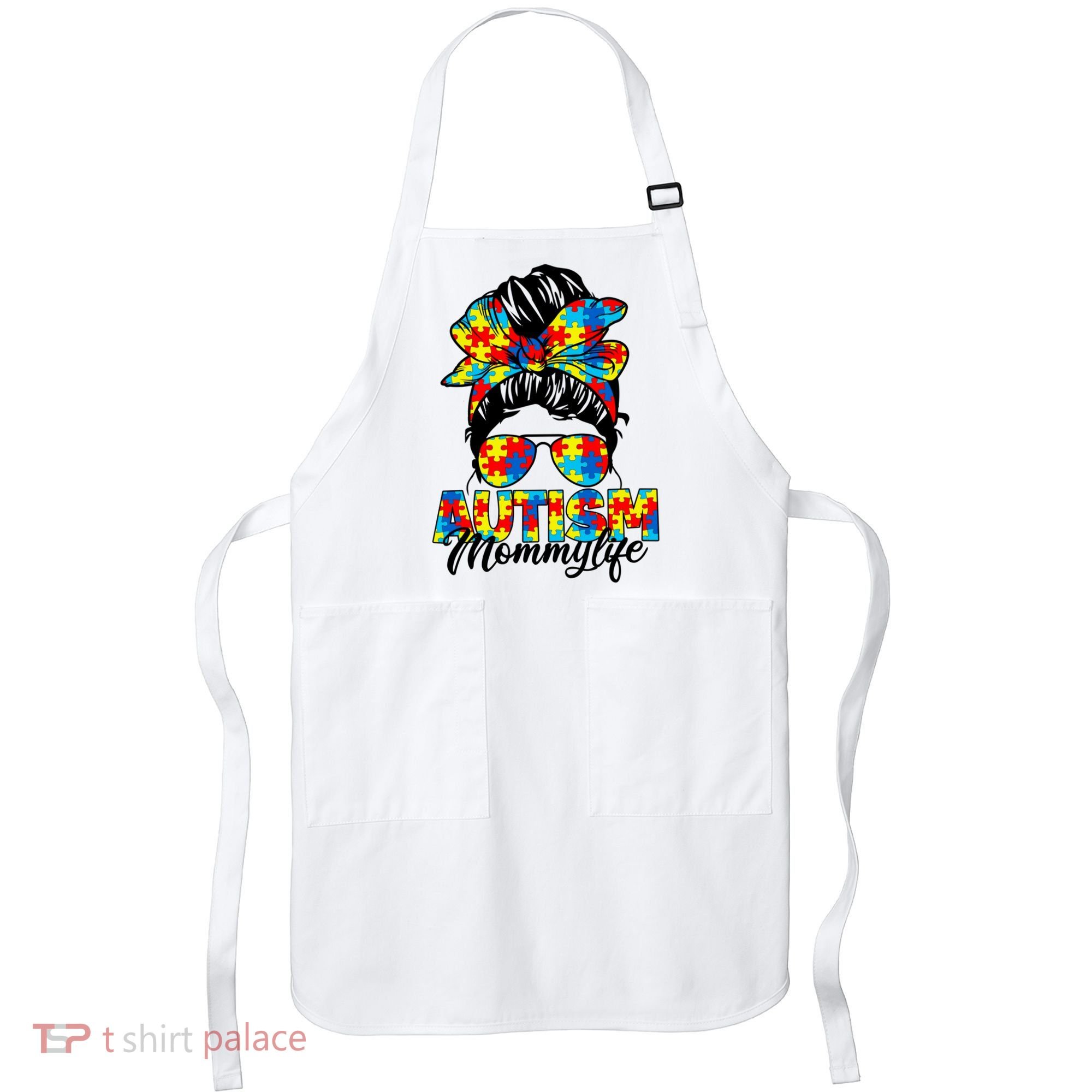 Autism Mommy Messy Bun Sunglasses Bandana Autism Awareness Apron