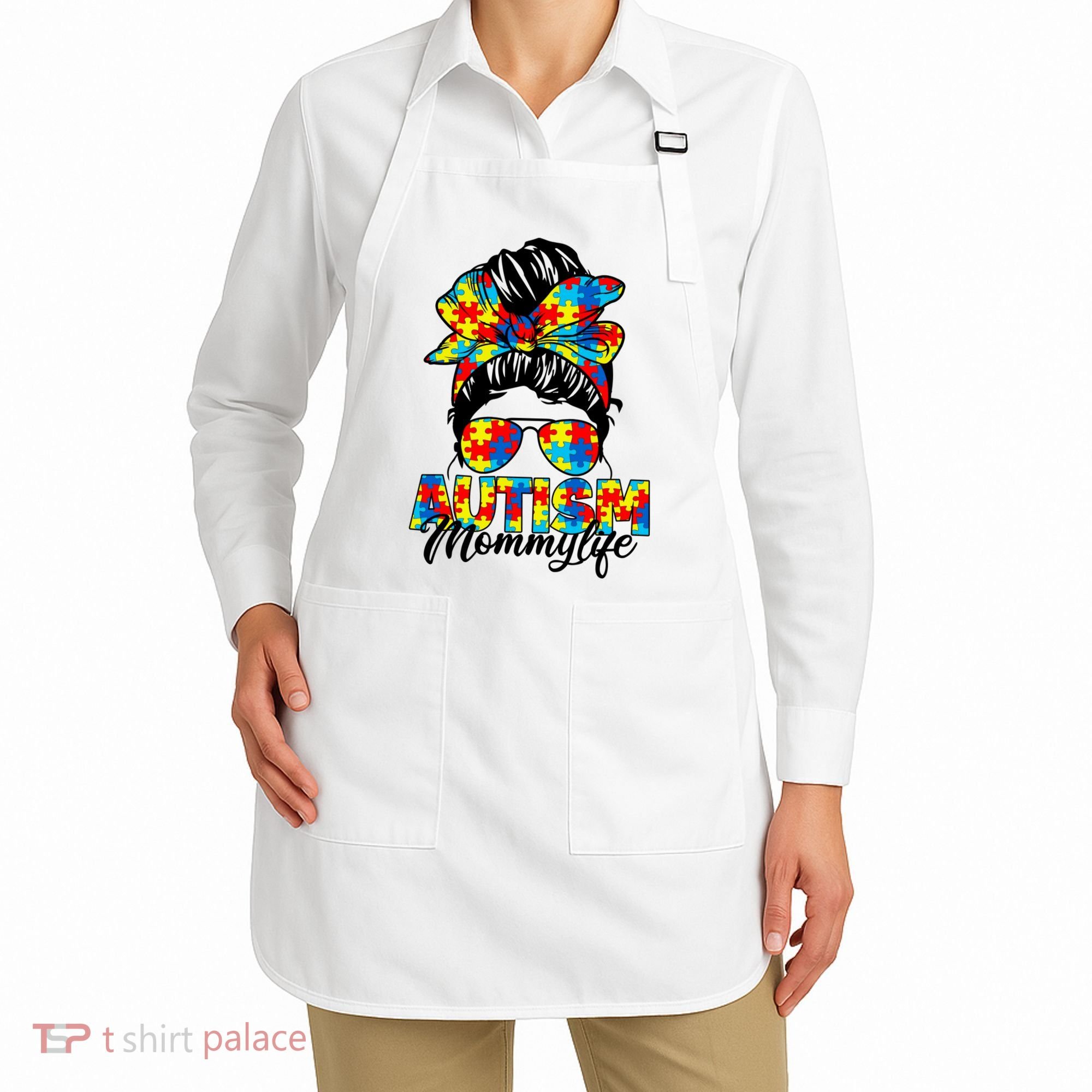 Autism Mommy Messy Bun Sunglasses Bandana Autism Awareness Apron
