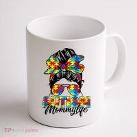 Autism Mommy Messy Bun Sunglasses Bandana Autism Awareness Coffee Mug thumb 1