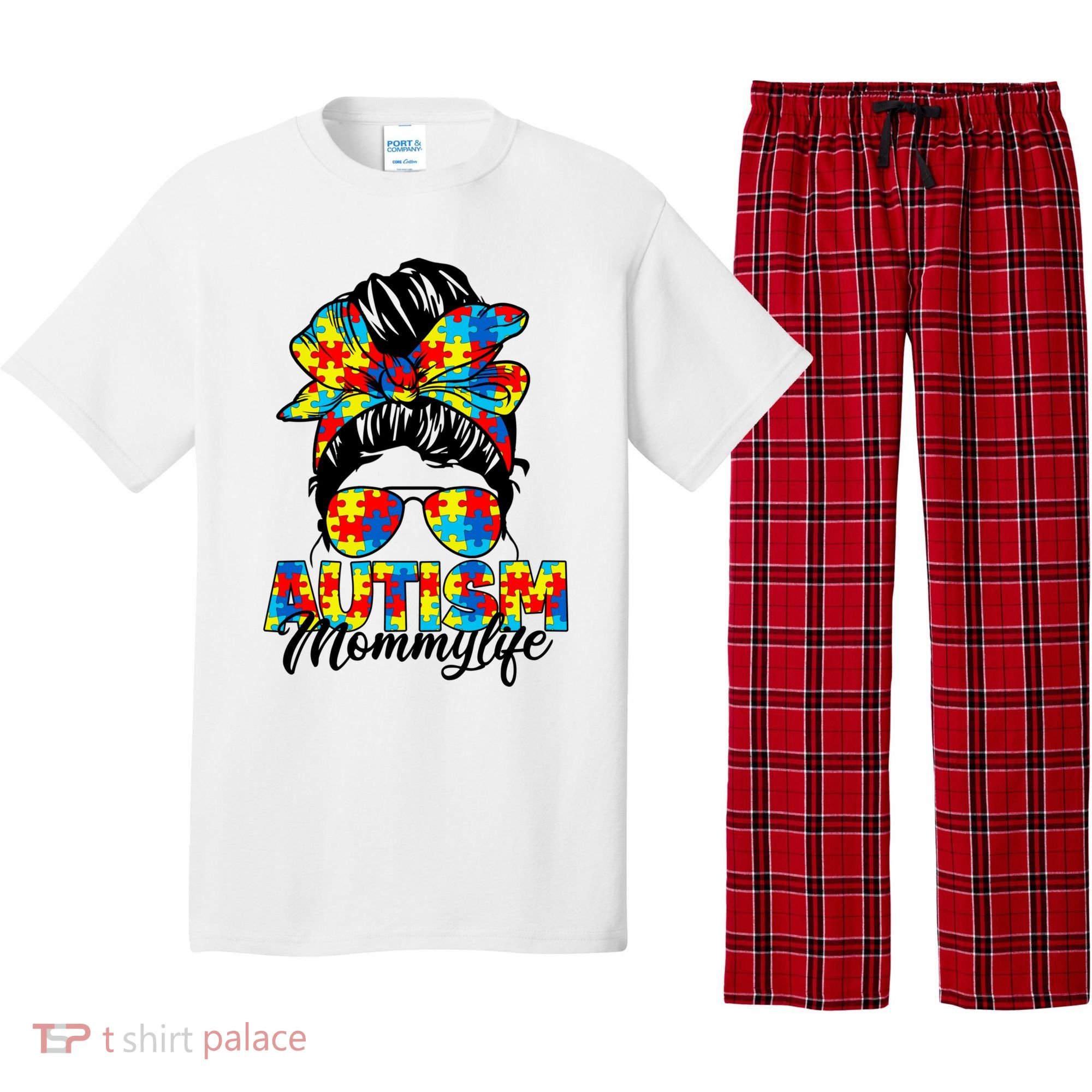 Autism Mommy Messy Bun Sunglasses Bandana Autism Awareness Pajama Set
