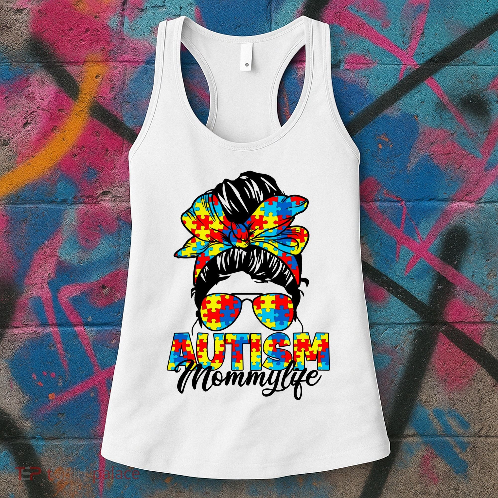 Autism Mommy Messy Bun Sunglasses Bandana Autism Awareness Women's Tank Top