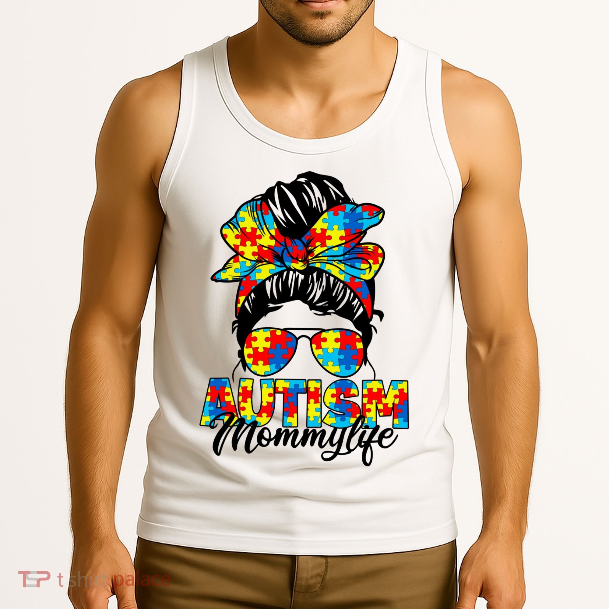 Autism Mommy Messy Bun Sunglasses Bandana Autism Awareness Tank Top