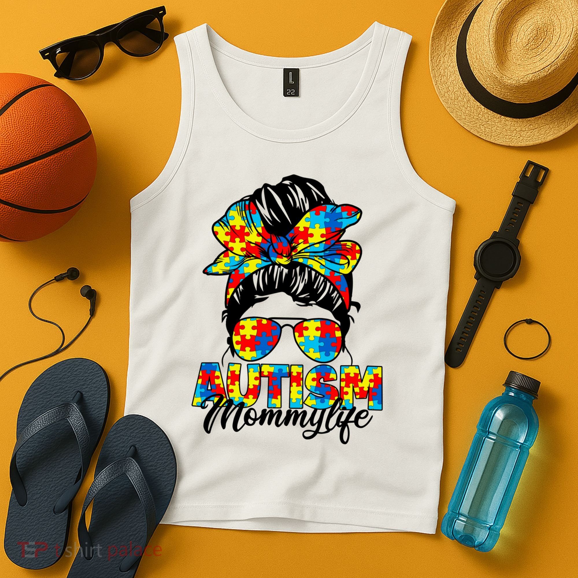 Autism Mommy Messy Bun Sunglasses Bandana Autism Awareness Tank Top