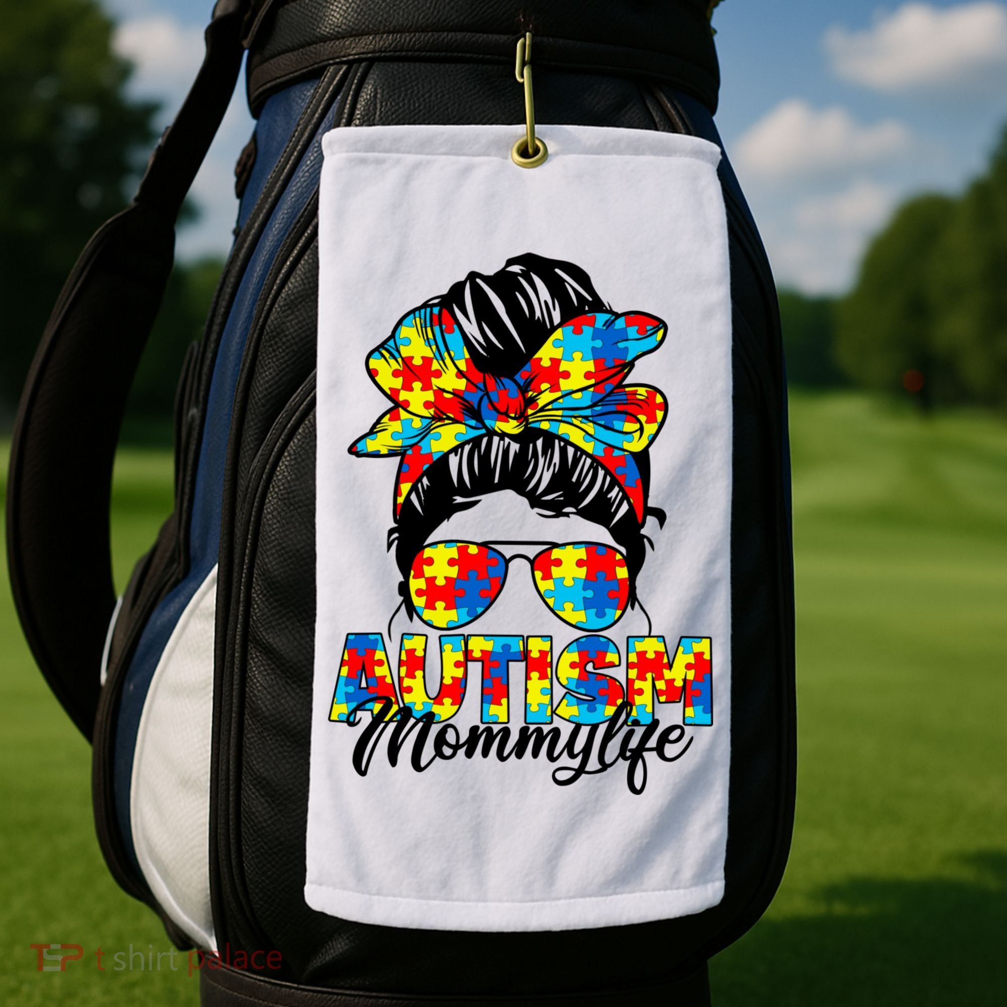 Autism Mommy Messy Bun Sunglasses Bandana Autism Awareness Golf Towel