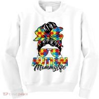 Autism Mommy Messy Bun Sunglasses Bandana Autism Awareness Kids Sweatshirt thumb 0