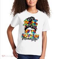 Autism Mommy Messy Bun Sunglasses Bandana Autism Awareness Kids T-Shirt thumb 2