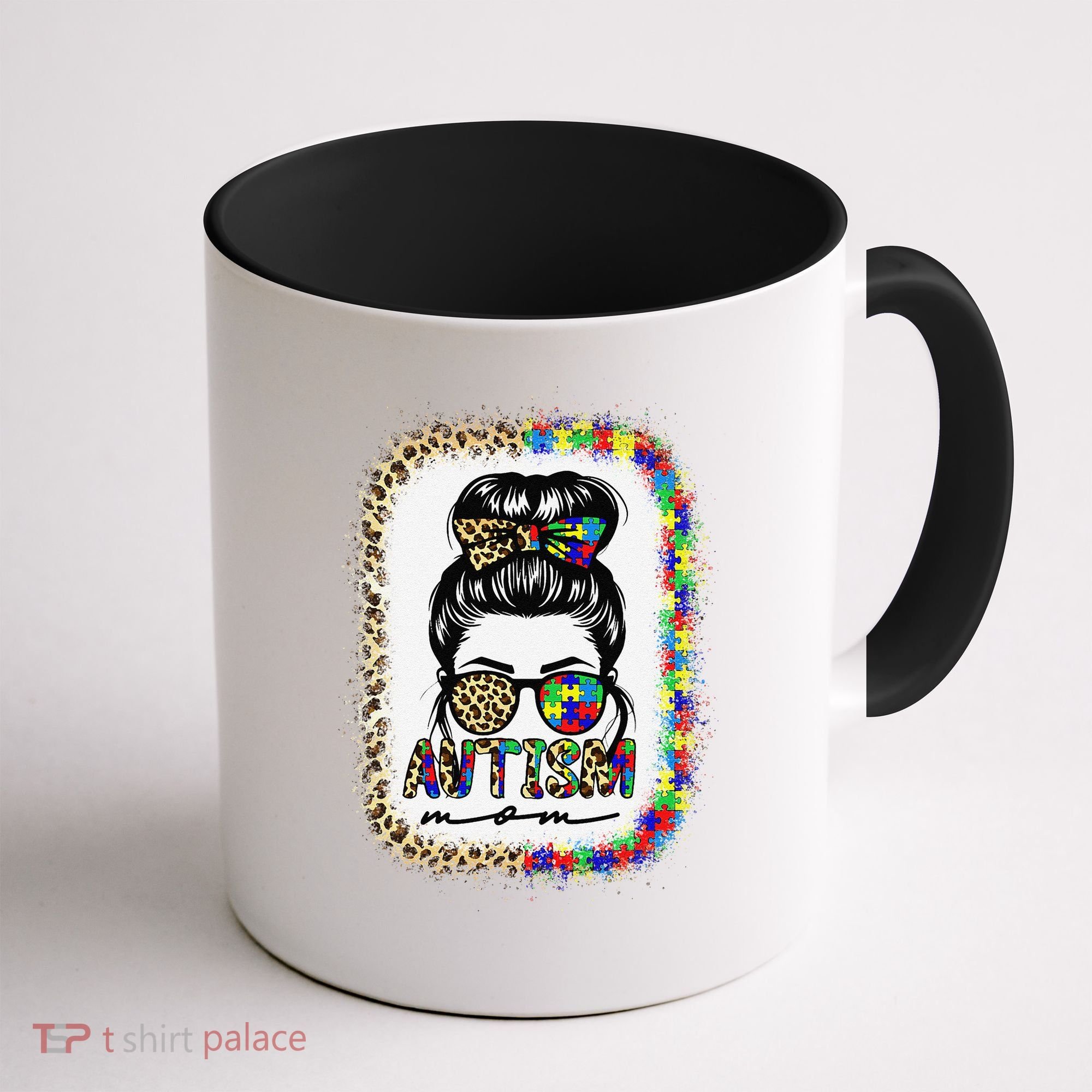 Autism Mom Messy Bun Puzzle Piece Awareness Mothers Day Coffee Mug