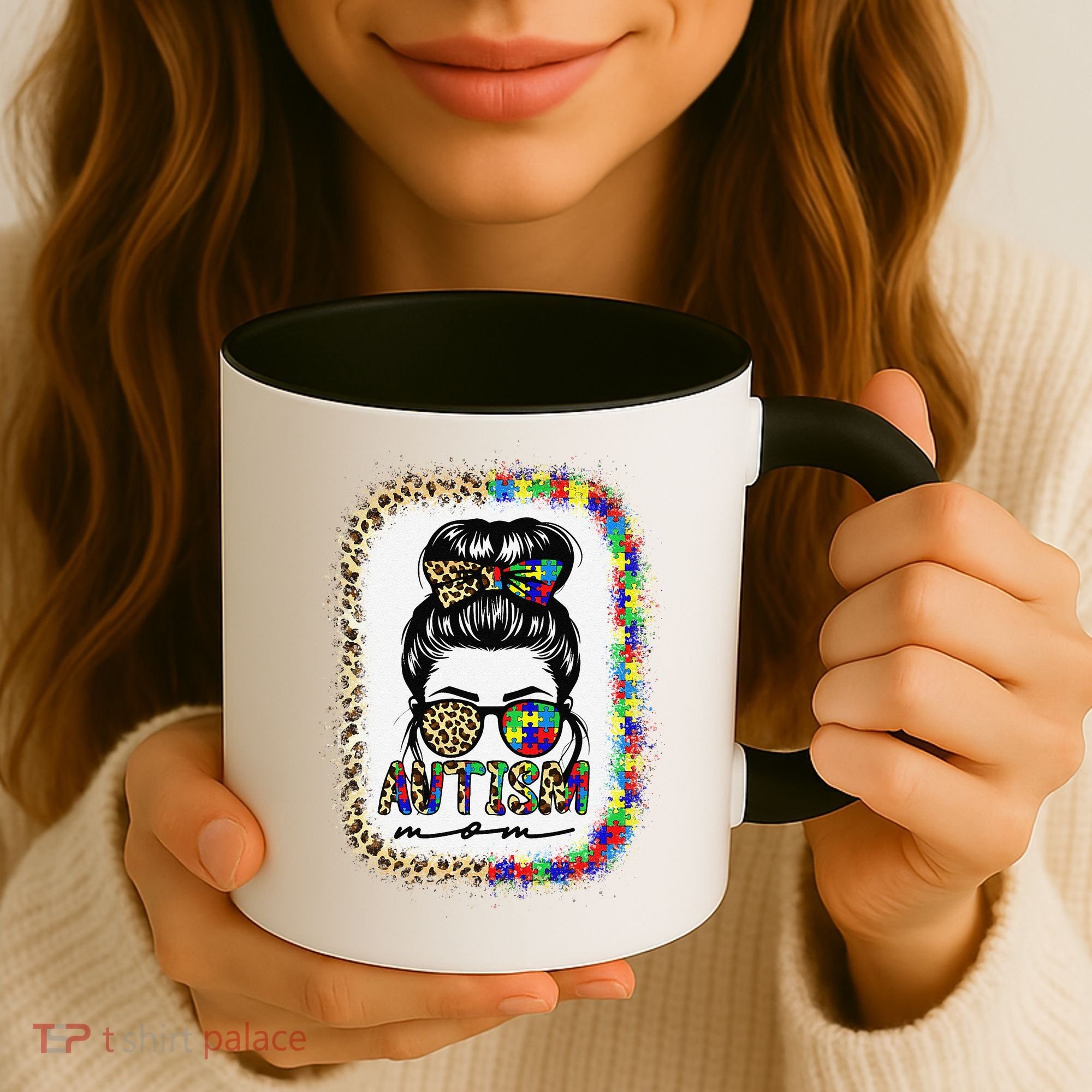 Autism Mom Messy Bun Puzzle Piece Awareness Mothers Day Coffee Mug