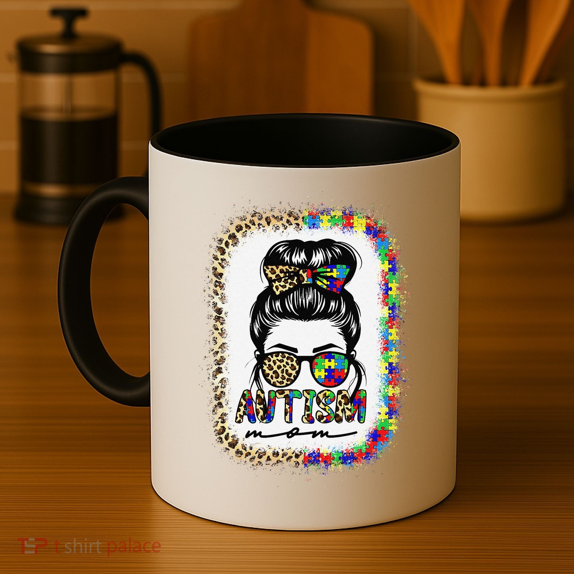 Autism Mom Messy Bun Puzzle Piece Awareness Mothers Day Coffee Mug