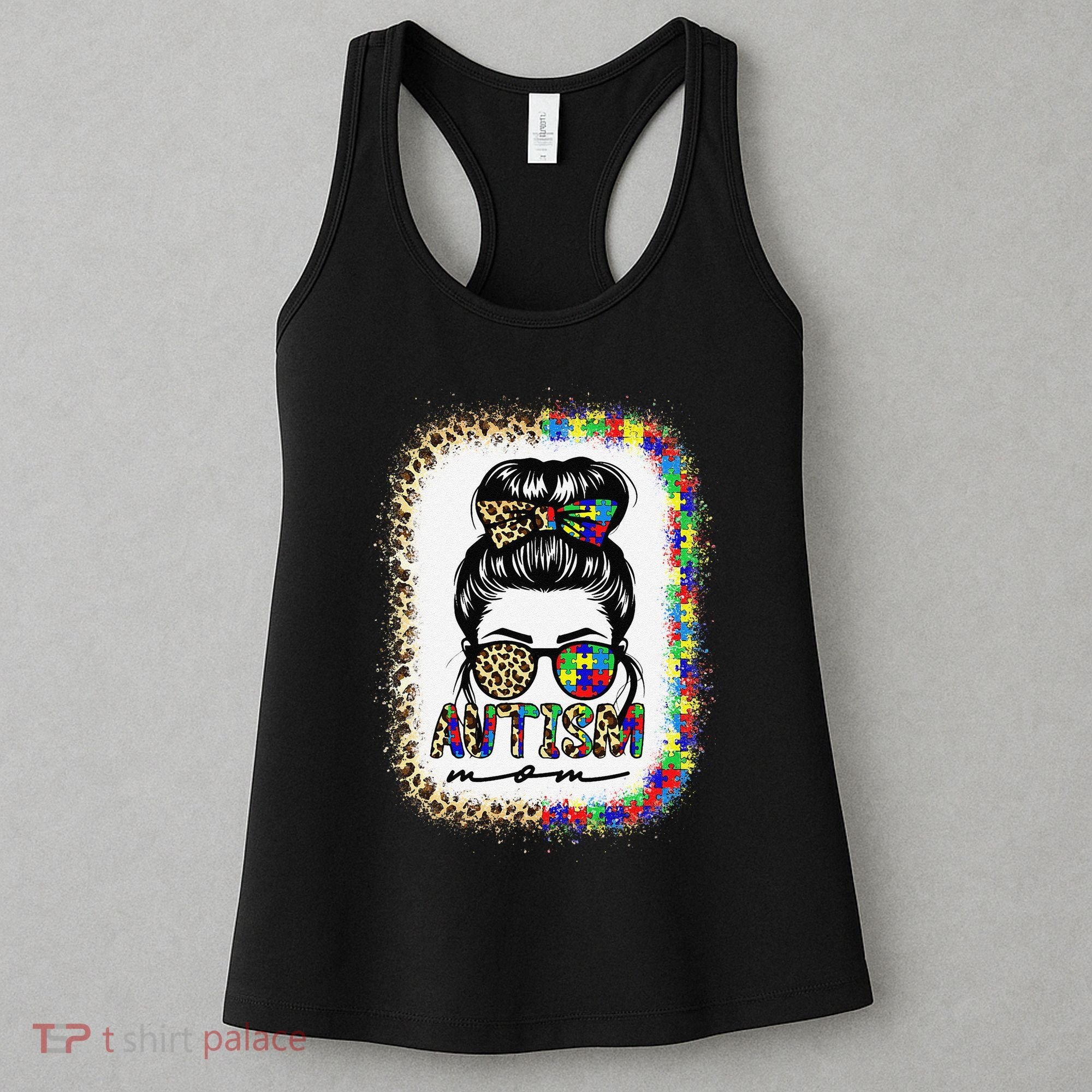 Autism Mom Messy Bun Puzzle Piece Awareness Mothers Day Women's Tank Top