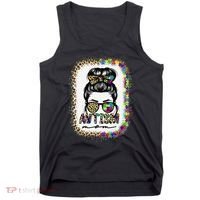 Autism Mom Messy Bun Puzzle Piece Awareness Mothers Day Tank Top thumb 0