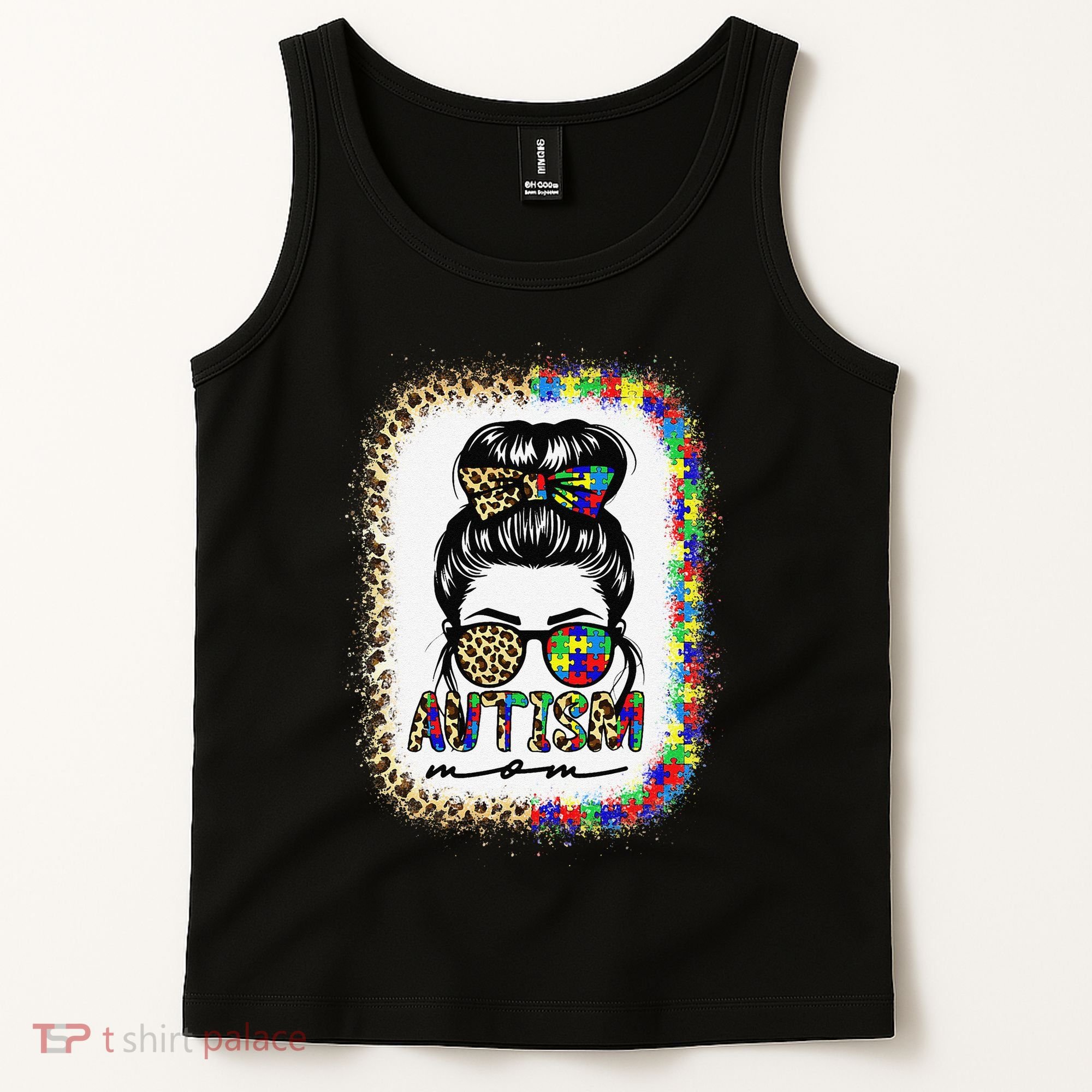 Autism Mom Messy Bun Puzzle Piece Awareness Mothers Day Tank Top