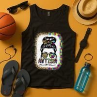 Autism Mom Messy Bun Puzzle Piece Awareness Mothers Day Tank Top thumb 4