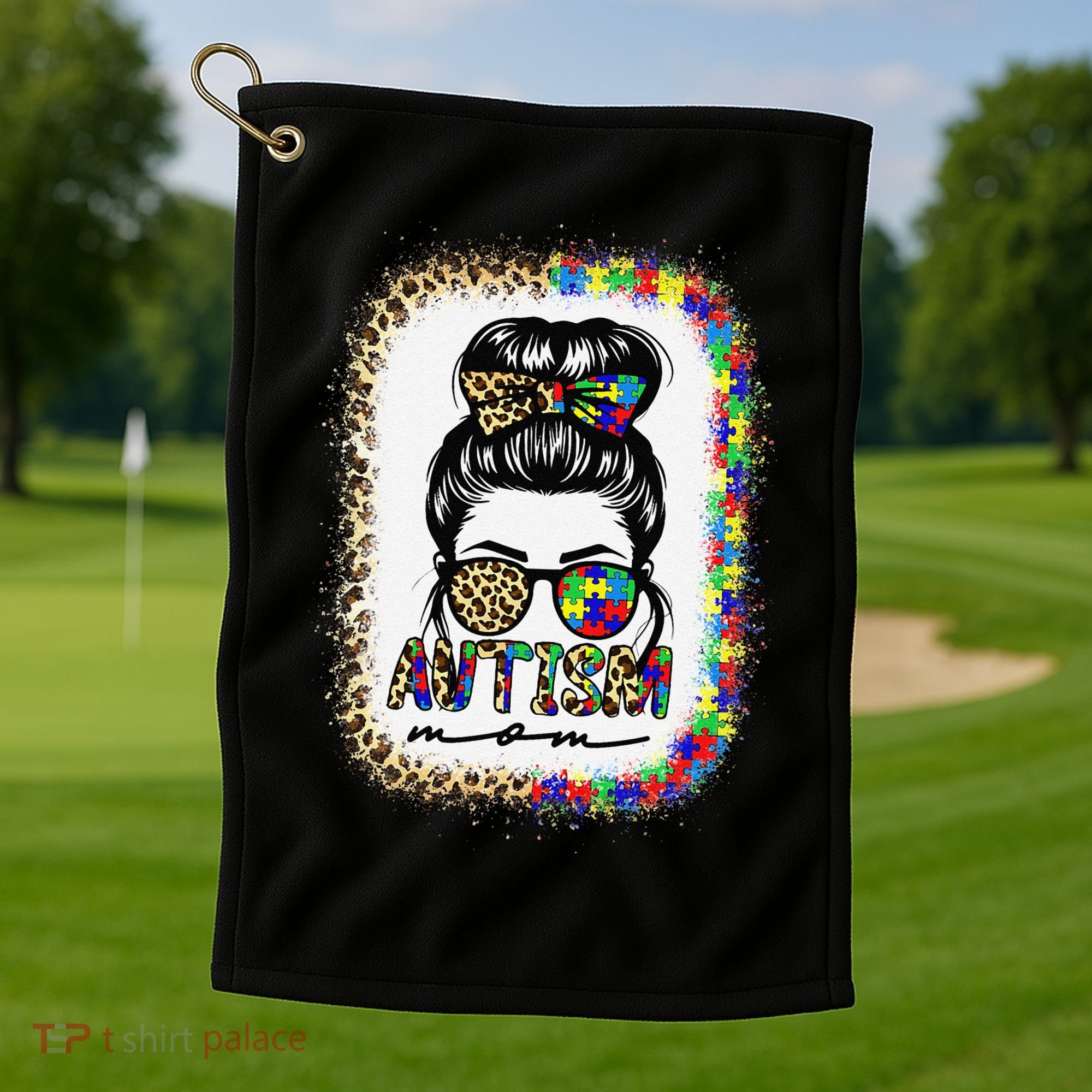 Autism Mom Messy Bun Puzzle Piece Awareness Mothers Day Golf Towel
