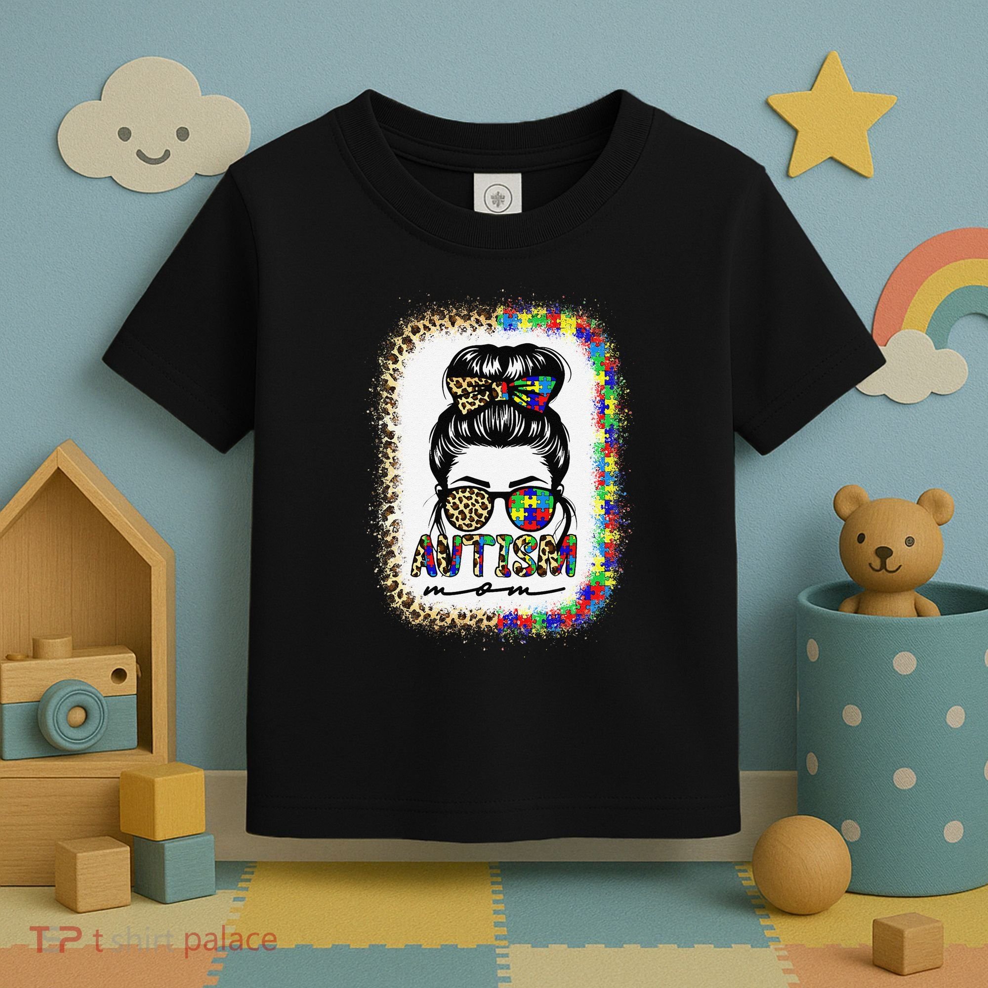 Autism Mom Messy Bun Puzzle Piece Awareness Mothers Day Toddler T-Shirt