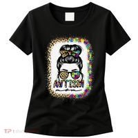 Autism Mom Messy Bun Puzzle Piece Awareness Mothers Day Women's T-Shirt thumb 0