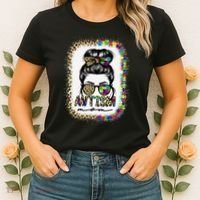 Autism Mom Messy Bun Puzzle Piece Awareness Mothers Day Women's T-Shirt thumb 2