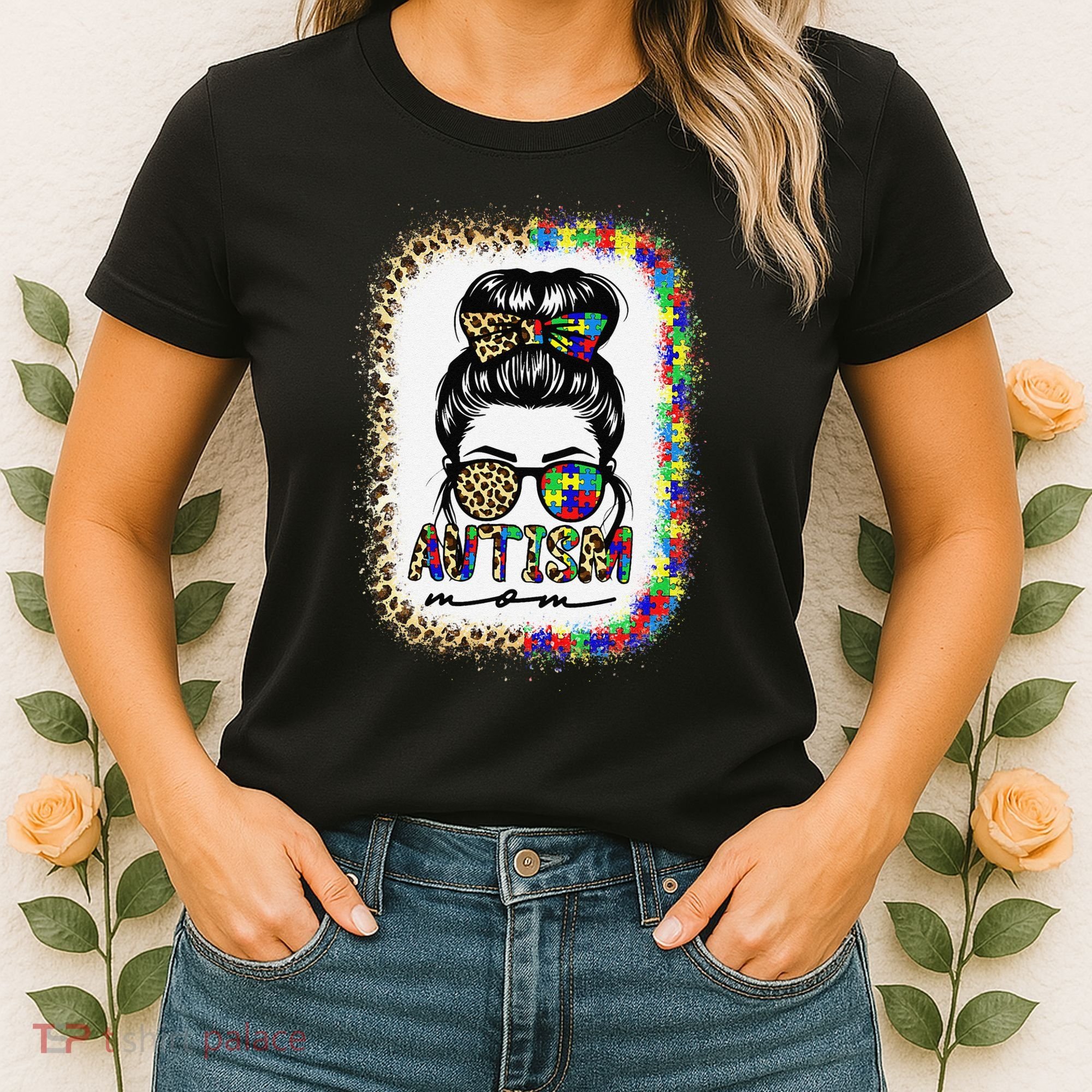 Autism Mom Messy Bun Puzzle Piece Awareness Mothers Day Women's T-Shirt