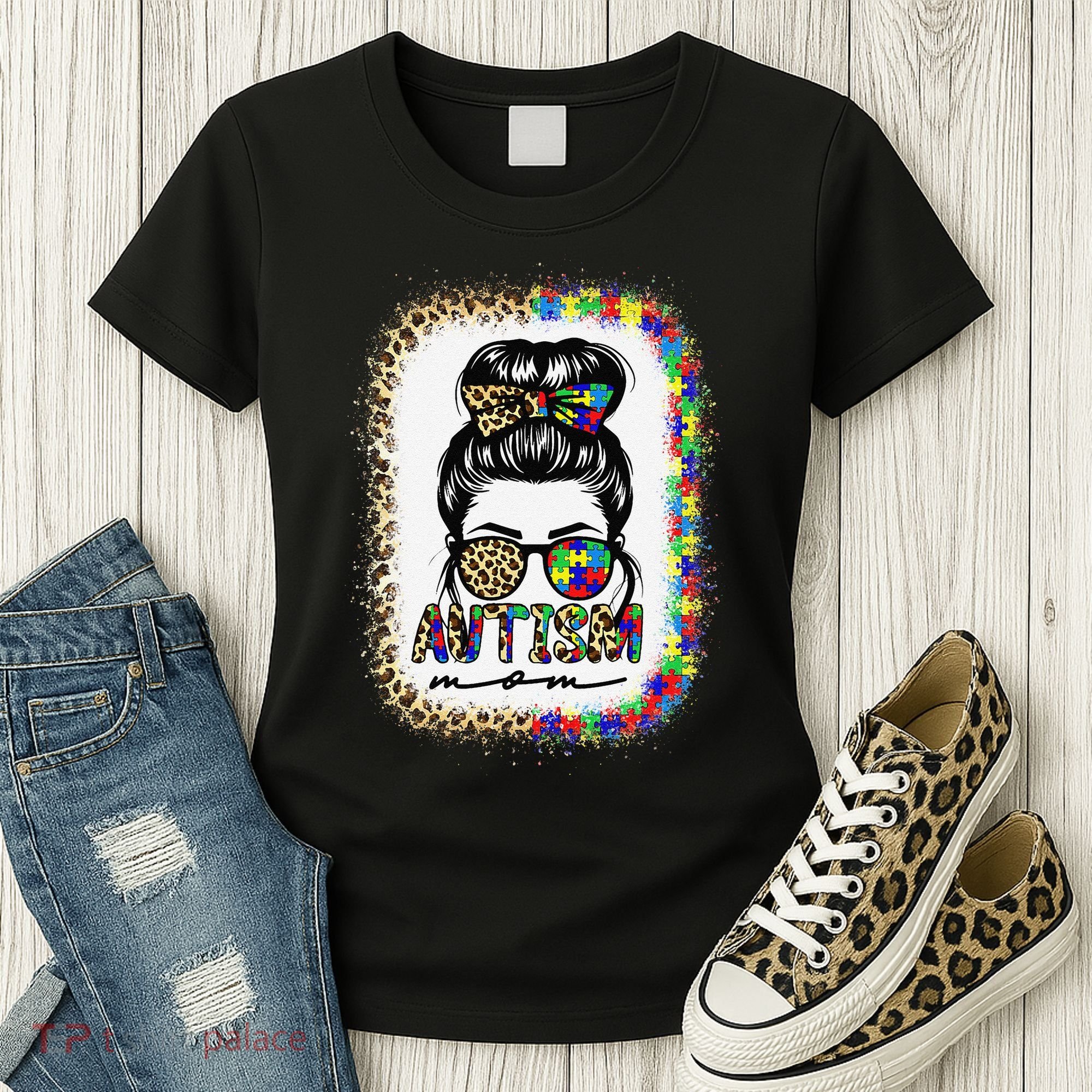Autism Mom Messy Bun Puzzle Piece Awareness Mothers Day Women's T-Shirt