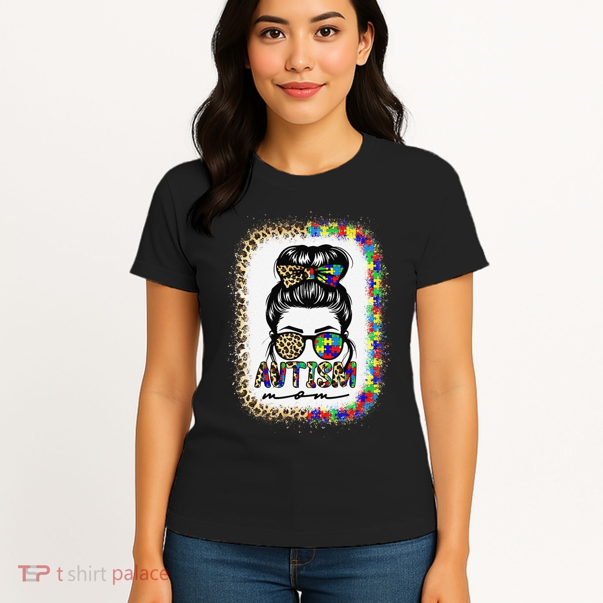 Autism Mom Messy Bun Puzzle Piece Awareness Mothers Day Women's T-Shirt