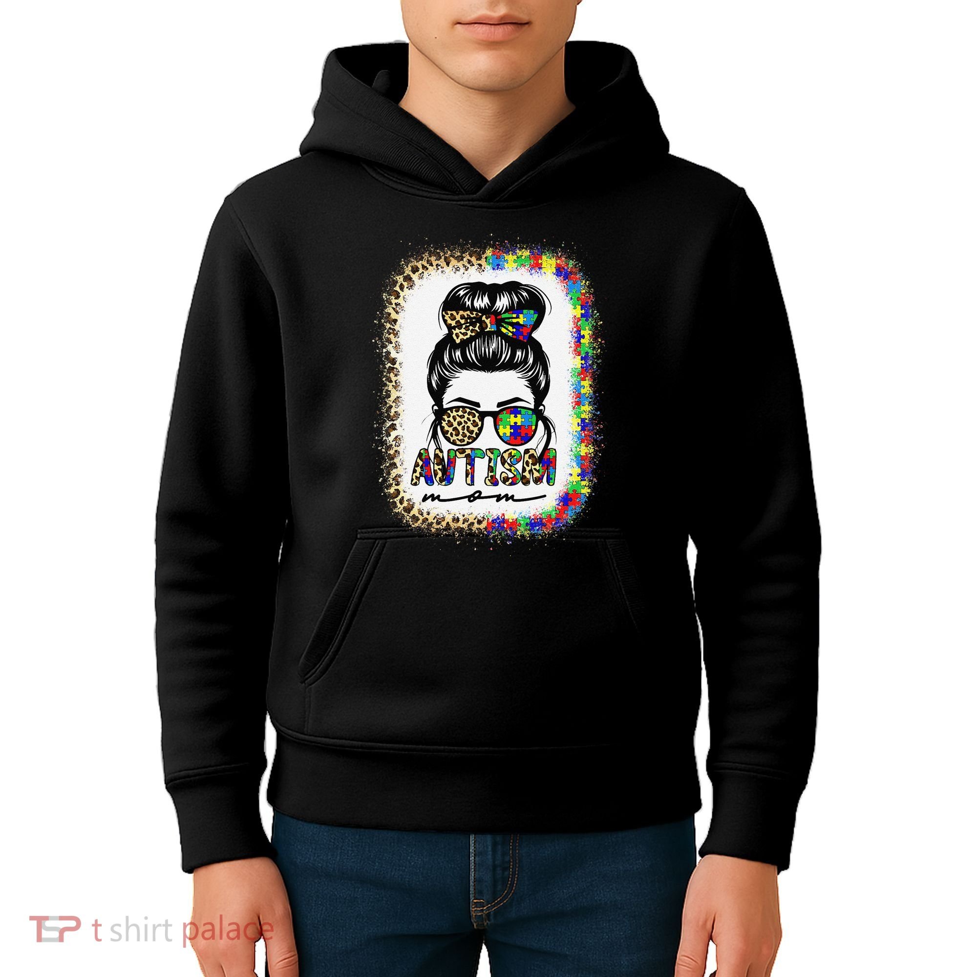Autism Mom Messy Bun Puzzle Piece Awareness Mothers Day Kids Hoodie