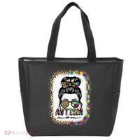 Autism Mom Messy Bun Puzzle Piece Awareness Mothers Day Tote Bag thumb 0