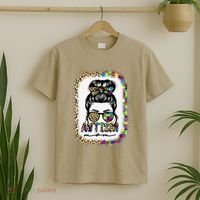 Autism Mom Messy Bun Puzzle Piece Awareness Mothers Day T-Shirt thumb 2