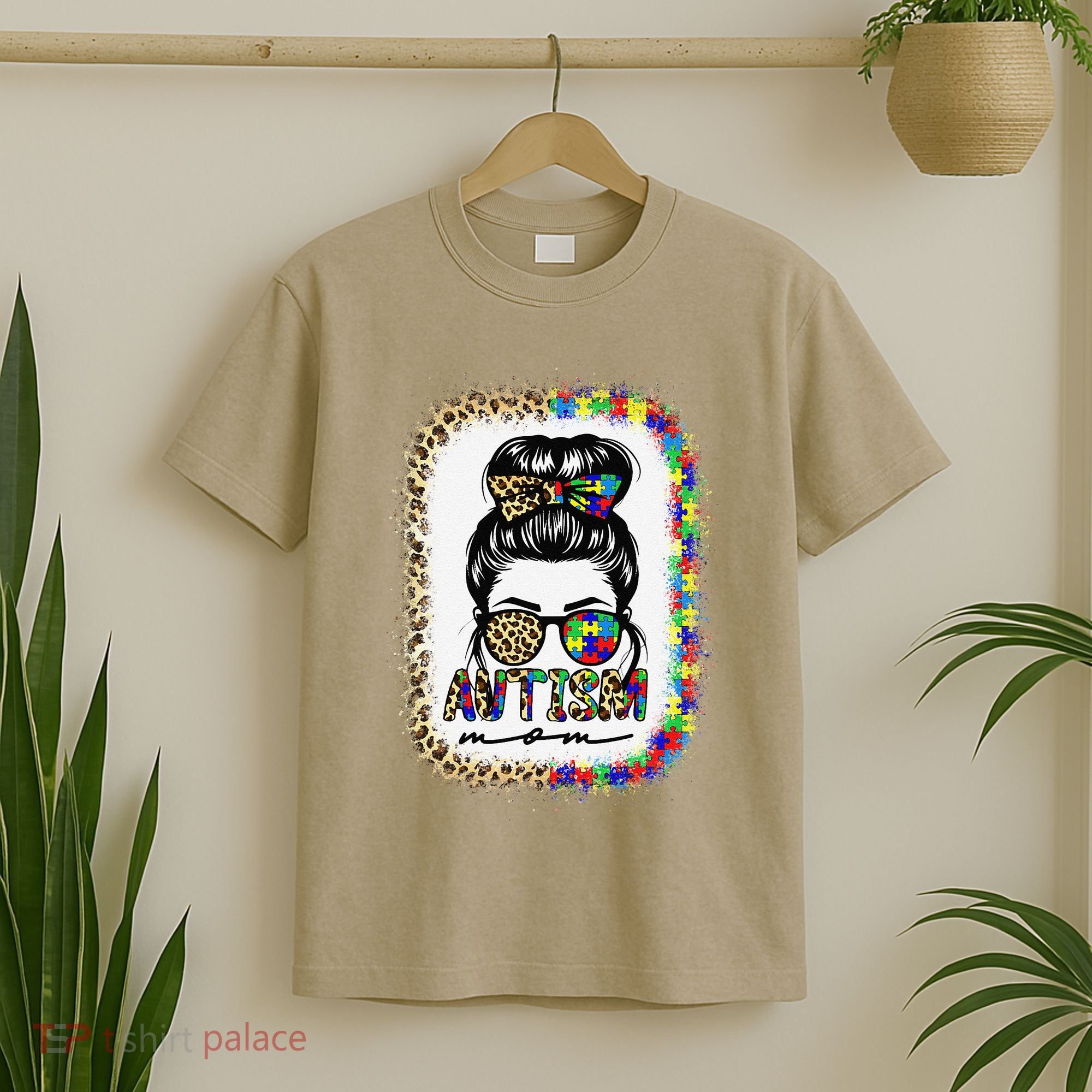 Autism Mom Messy Bun Puzzle Piece Awareness Mothers Day T-Shirt