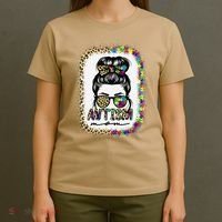 Autism Mom Messy Bun Puzzle Piece Awareness Mothers Day T-Shirt thumb 4