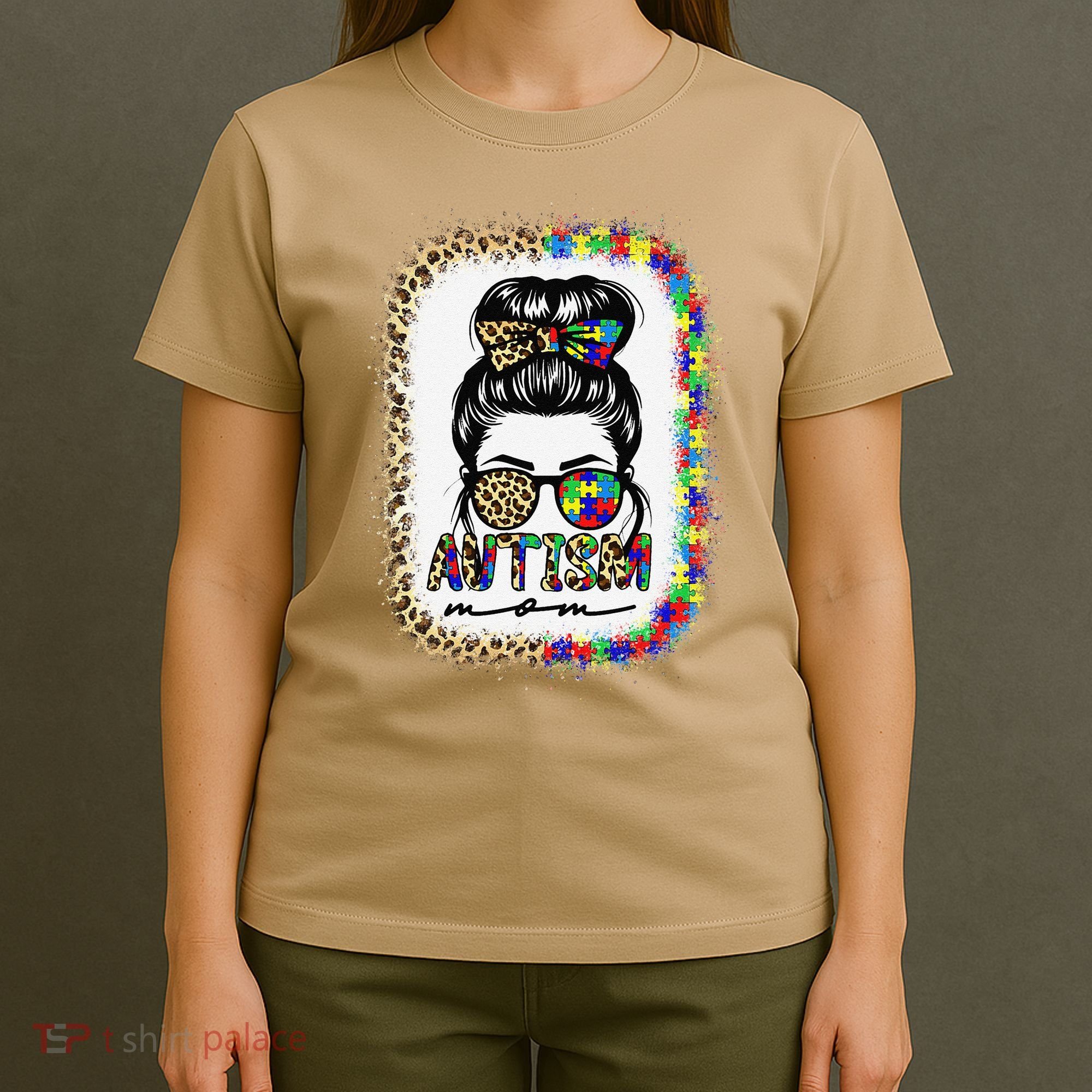 Autism Mom Messy Bun Puzzle Piece Awareness Mothers Day T-Shirt