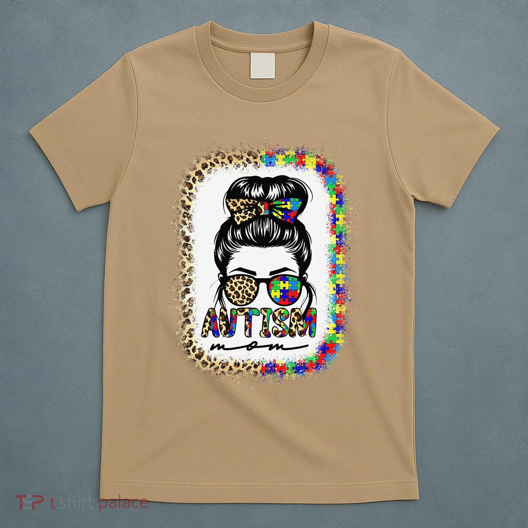 Autism Mom Messy Bun Puzzle Piece Awareness Mothers Day T-Shirt