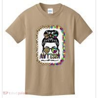 Autism Mom Messy Bun Puzzle Piece Awareness Mothers Day Kids T-Shirt thumb 0