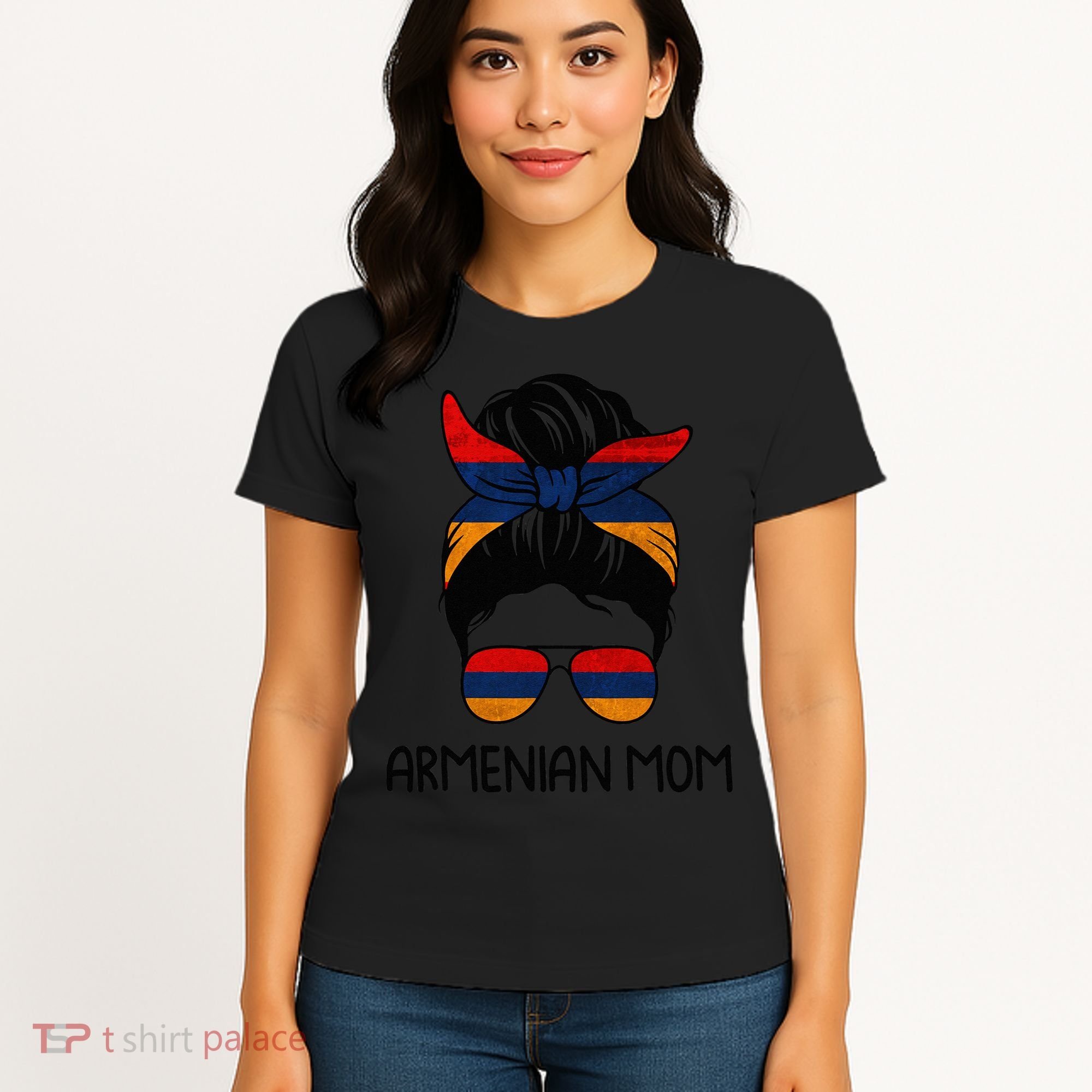 Armenian Mom Messy Bun Sunglasses Flag Mothers Day Women's T-Shirt