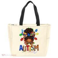 Autism Mom Messy Bun Black Women Autism Awareness Puzzle Tote Bag thumb 0